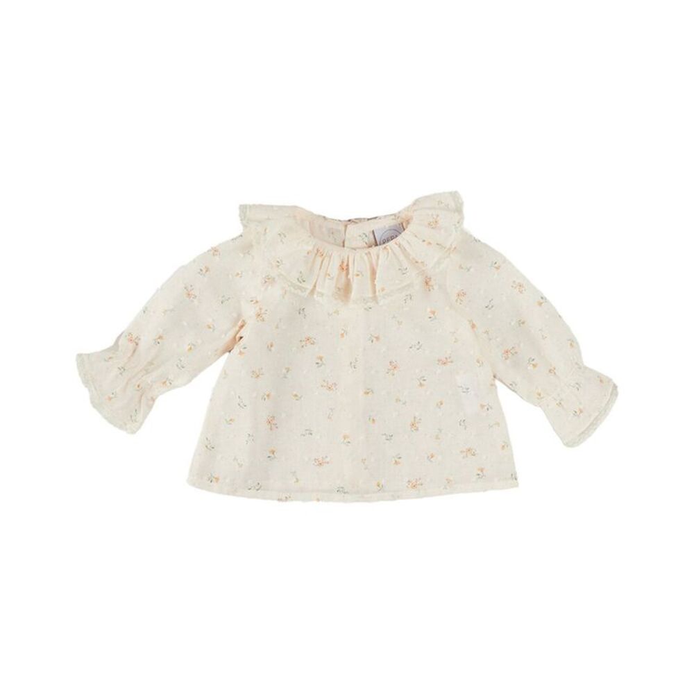Cream Floral Ruffle Long-Sleeve Top for Kids
